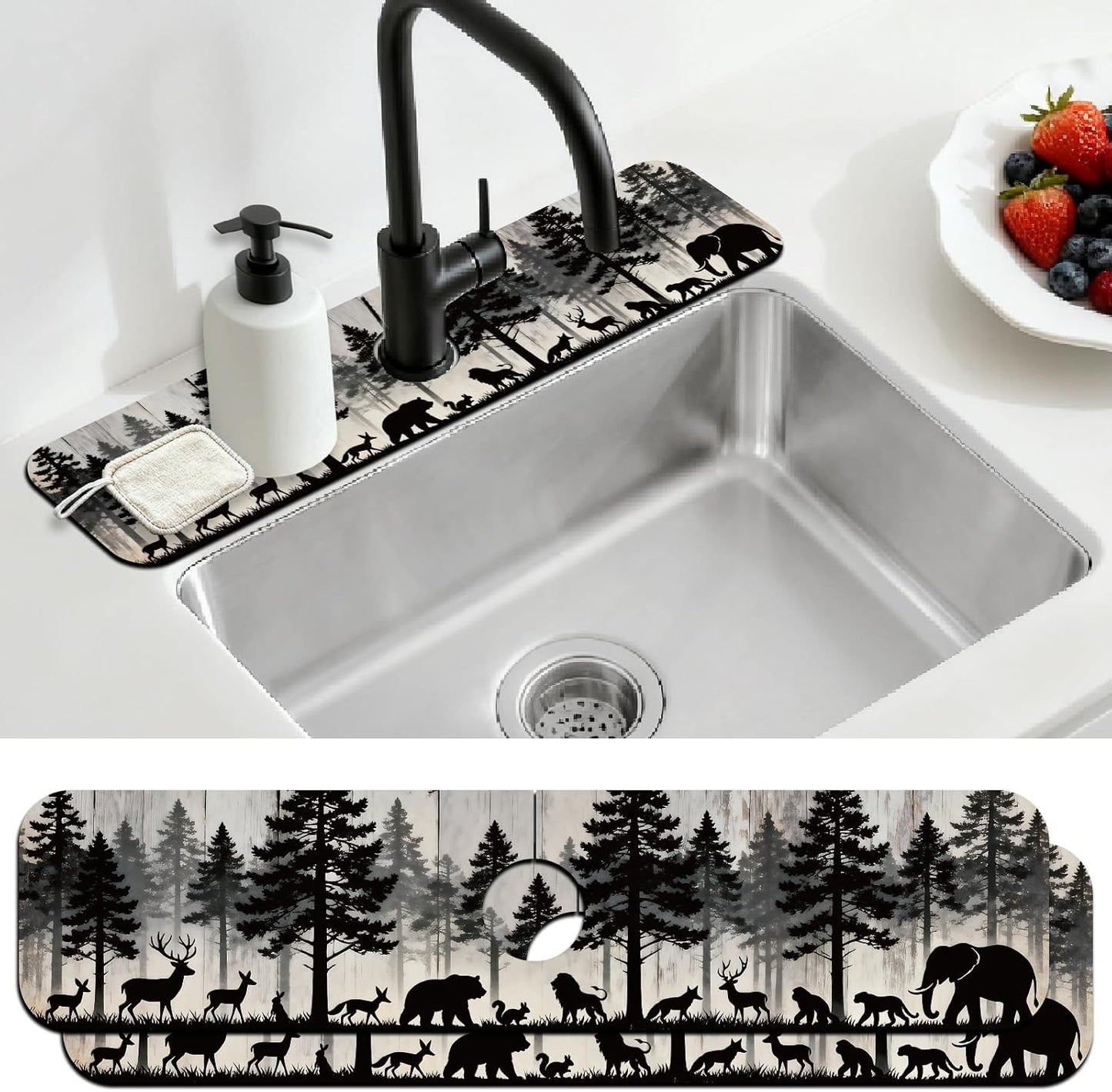 2Pcs Peonies Kitchen Sink Splash Guard Faucet Mat Vintage Florals Faucet Mat For Bathroom Kitchen 5.5x23.6In