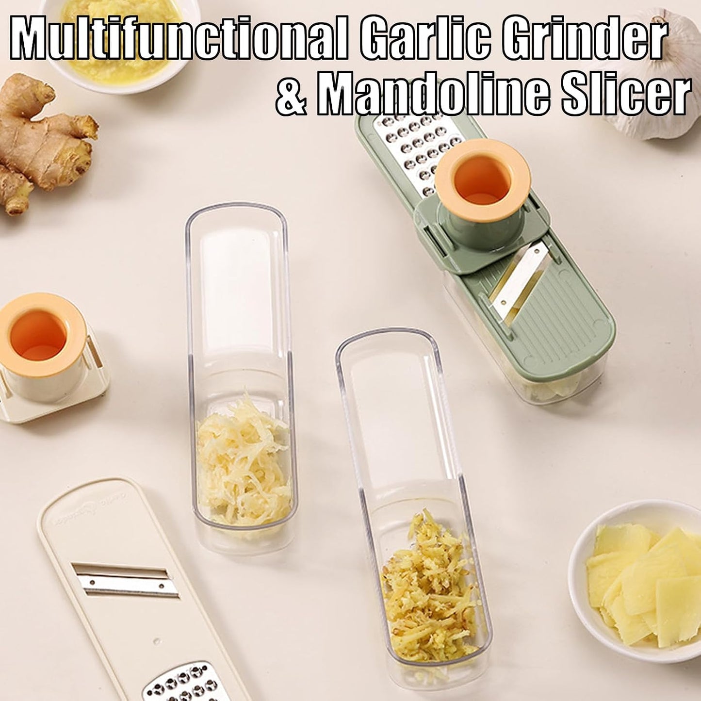 Garlic Slicer Super Thin, Garlic Slicer and Grater, 2026 Mini Multifunctional Garlic Grinder & Mandoline Slicer, Multi-Functional Veggie Shredder Ginger Vegetable Cutter with Container (Green*1 Pc)