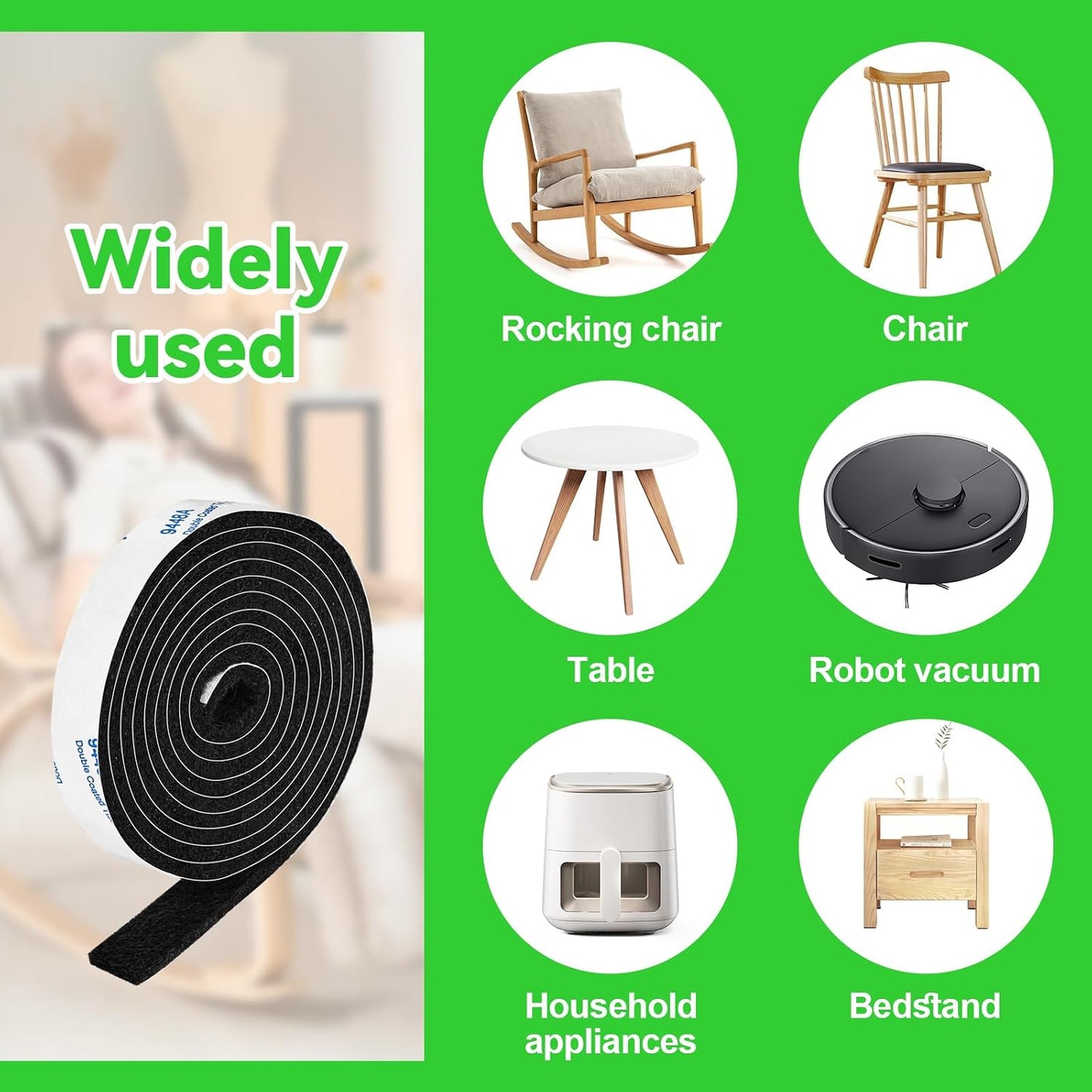 Felt Strips with Adhesive Backing, Felt Tape with Adhesive Backing, Felt Furniture Strips 2 Pack Roll 1/2x 60 Inches Black, Felt Strips for Furniture