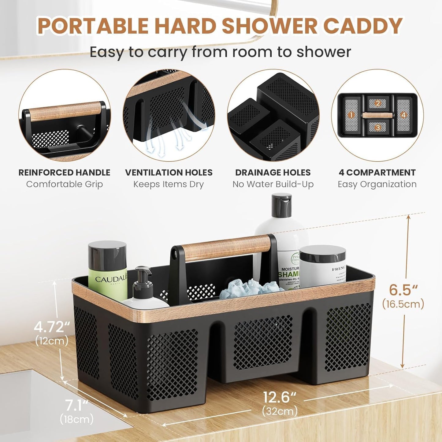 BYUNER Portable Cleaning & Shower Caddy with Handle: Rigid Plastic Basket with 4 Divided Compartments, All-Side Drainage for College Dorm, Bathroom & Utility Use, Black/Gold