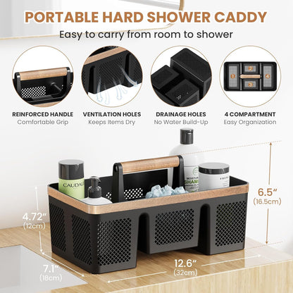 BYUNER Portable Cleaning & Shower Caddy with Handle: Rigid Plastic Basket with 4 Divided Compartments, All-Side Drainage for College Dorm, Bathroom & Utility Use, Black/Gold