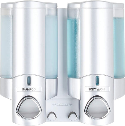 Better Living Aviva Wall Mount Shower Dispenser, 3 x 11 oz, Satin Silver | 3 Chamber, Shower Dispenser for Bathroom, Built-in Hooks, No Drill, Waterproof Dispenser Pump