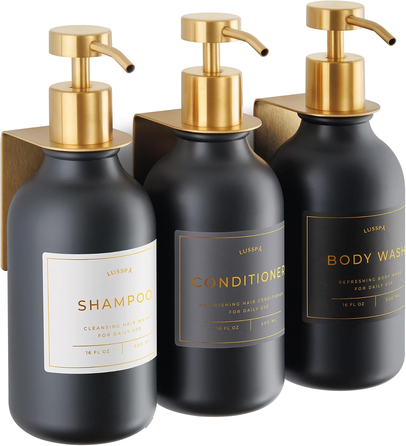 Shower Shampoo Dispenser Wall Mounted – 3 Refillable 16.9 oz Clear Bottles with Stainless Steel Pumps & No-Drill Adhesive Holders – Soap Dispenser Set for Bathroom (3 X Clear/Silver)