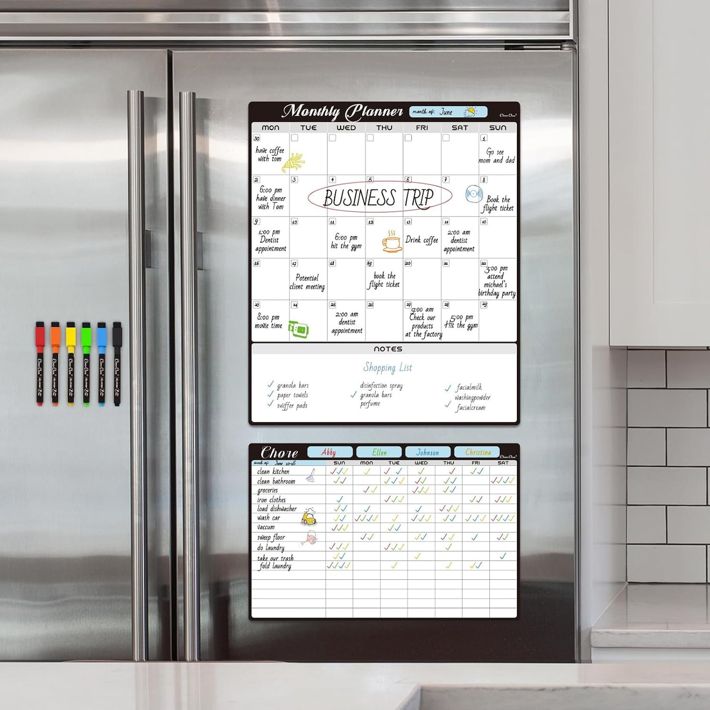 Magnetic Dry Erase Monthly Calendar Set - 15.5"x13" Monthly and 8.5"x13" Weekly Calendar for Fridge - 6 Extra Fine Point Markers Included - Shipped Flat