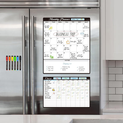 Magnetic Dry Erase Monthly Calendar Set - 15.5"x13" Monthly and 8.5"x13" Weekly Calendar for Fridge - 6 Extra Fine Point Markers Included - Shipped Flat