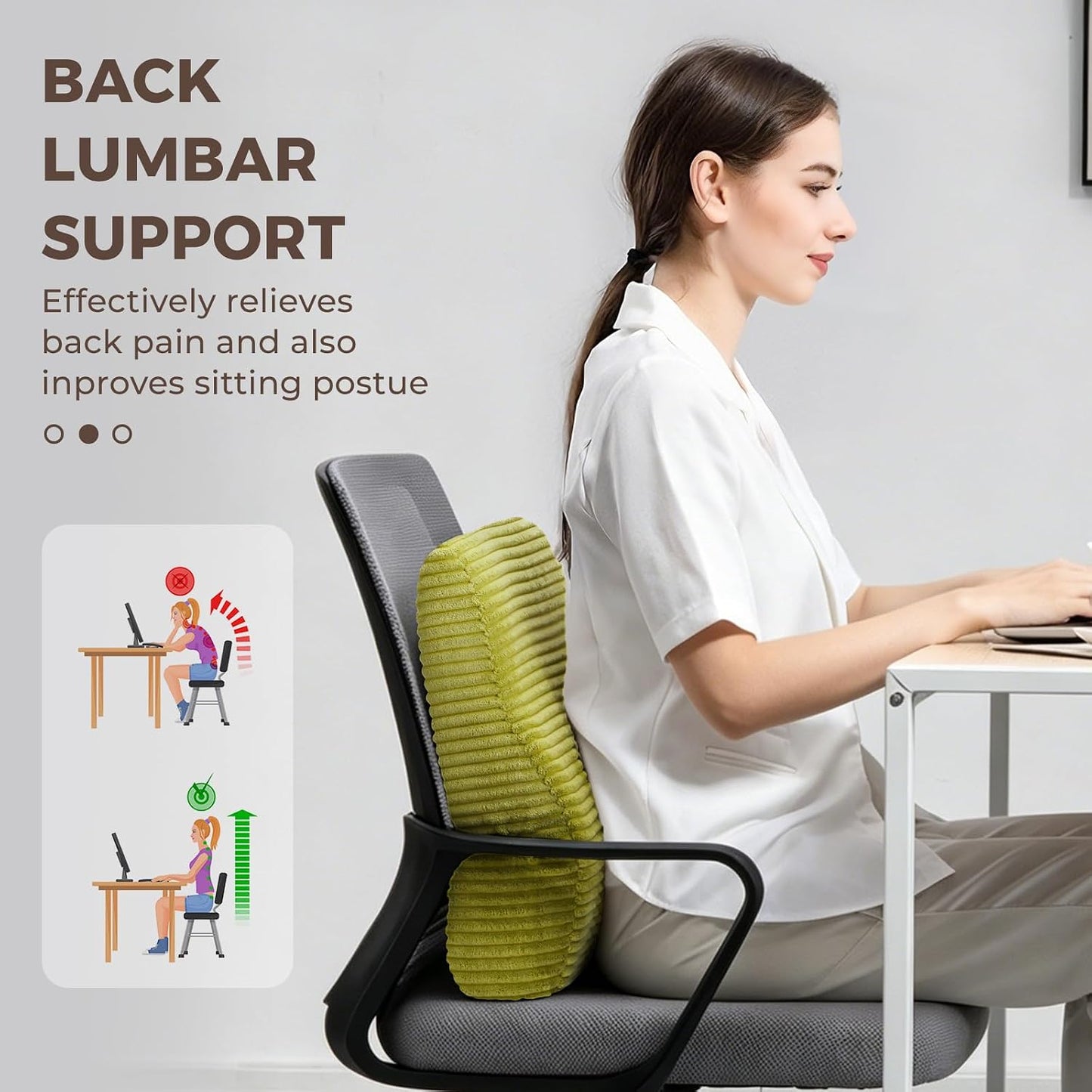 Lumbar Support Pillow for Recliner Chair/Accent Chair/Couch, Washable Cover | Large Memory Foam Back Support Cushion for Elderly, Ergonomic Backrest Pillow for Back Rest/Pain Relief/Reading, Gray