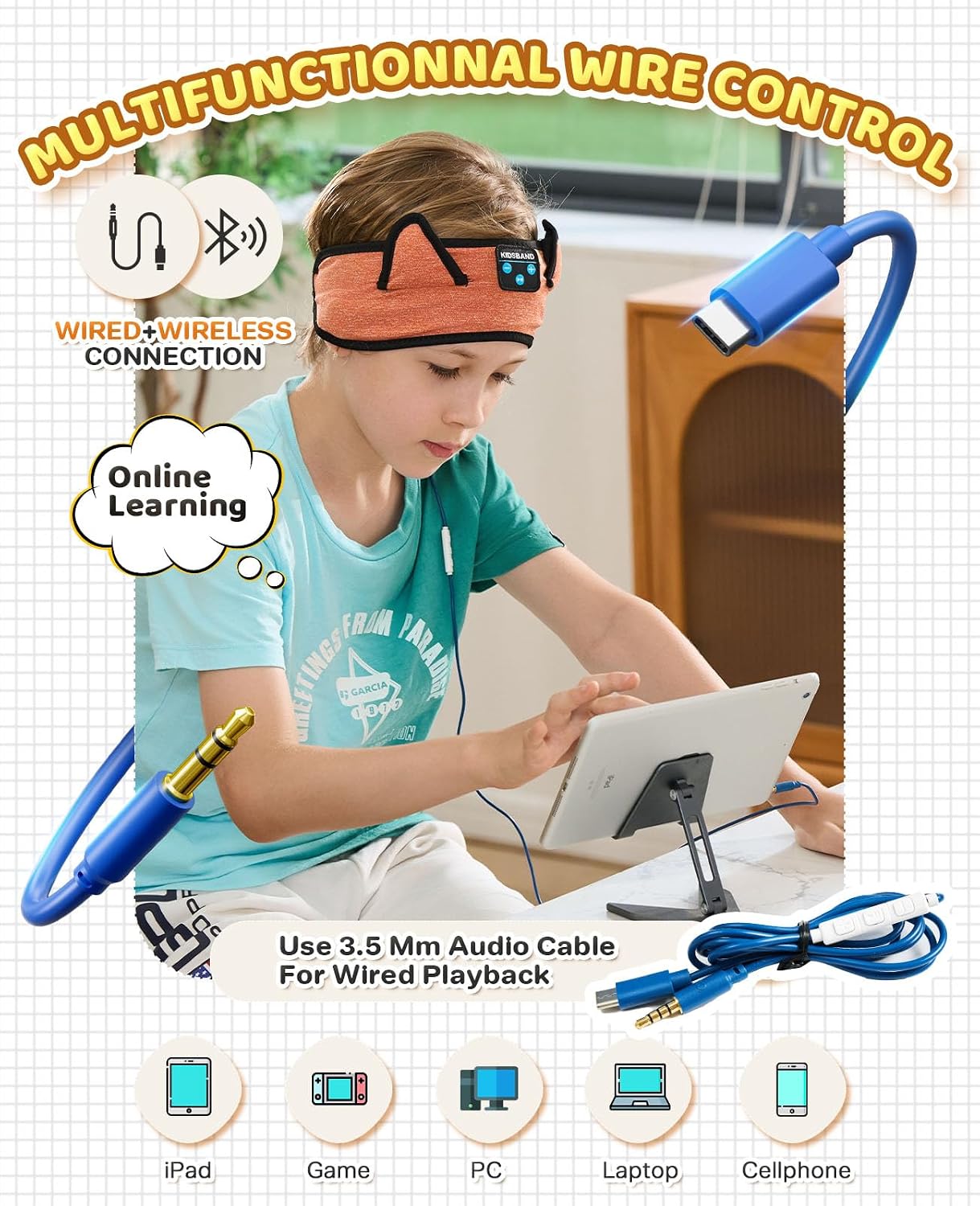 KIDSBAND Kids Bluetooth Headphones, Sleep Headband [Wireless & Wired Playback 2in1] Foldable Headphones for School/Travel/Tablet/Sleep