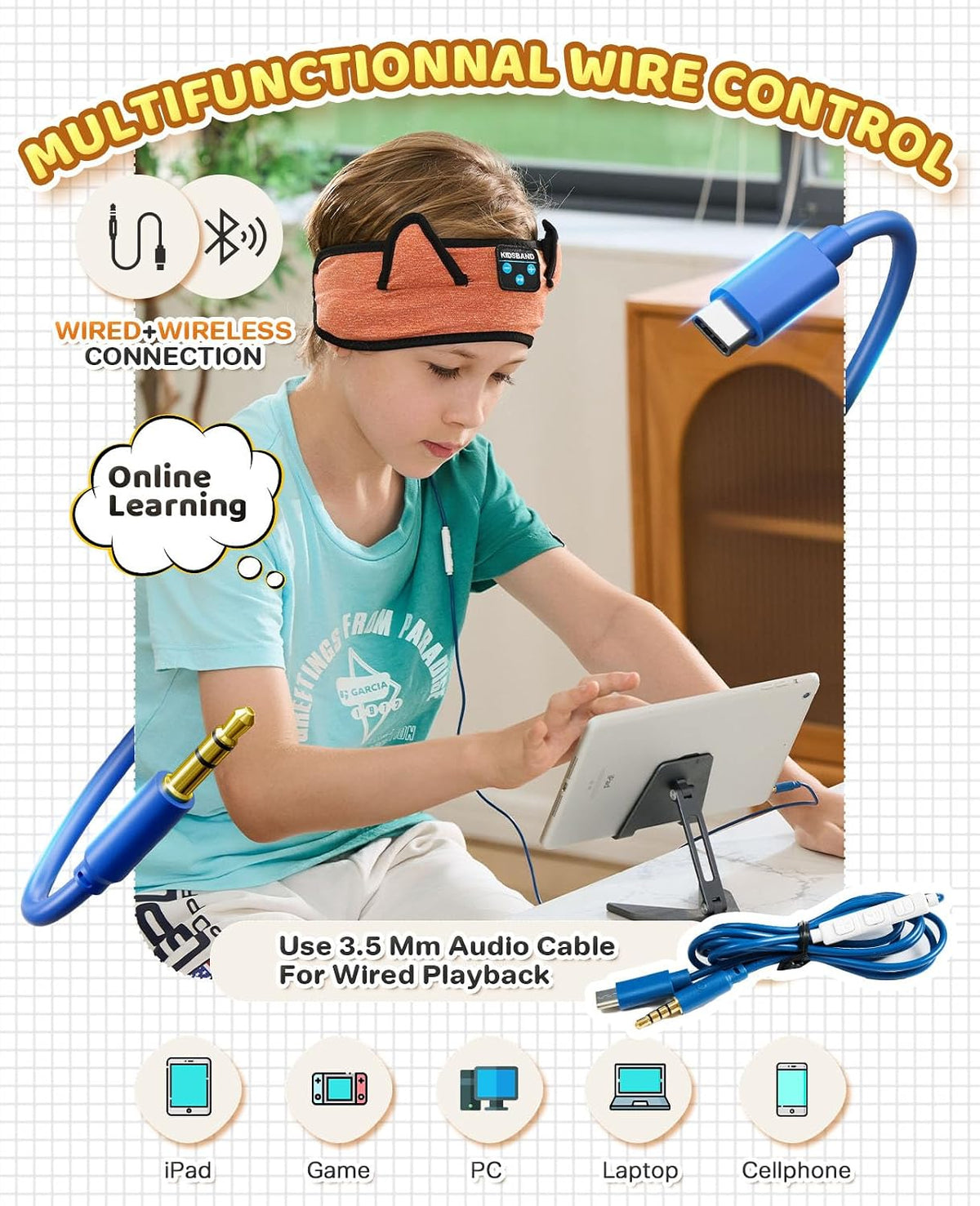 KIDSBAND Kids Bluetooth Headphones, Sleep Headband [Wireless & Wired Playback 2in1] Foldable Headphones for School/Travel/Tablet/Sleep
