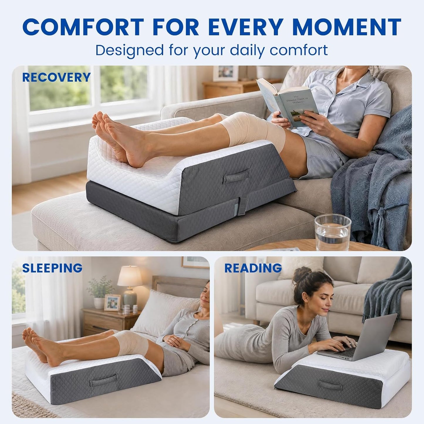 3-Height Adjustable Wide Leg Elevation Pillows for After Surgery or Sleeping, Memory Foam Support for Both Legs, Knee & Ankle Wedge for Swelling & Circulation, Removable Washable Velvet Cover