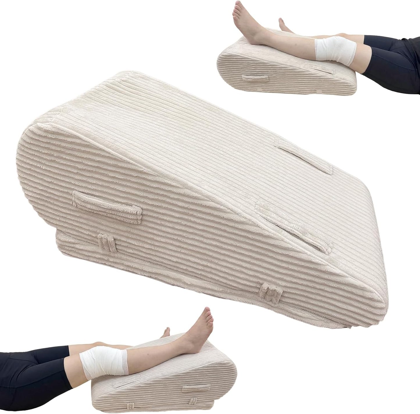 Adjustable Height Leg Elevation Pillow for After Surgery | Leg Wedge Pillow with High-density Foam & Beige Corduroy Cover, Single Knee Elevation Pillow for Swelling Relief & Sleep