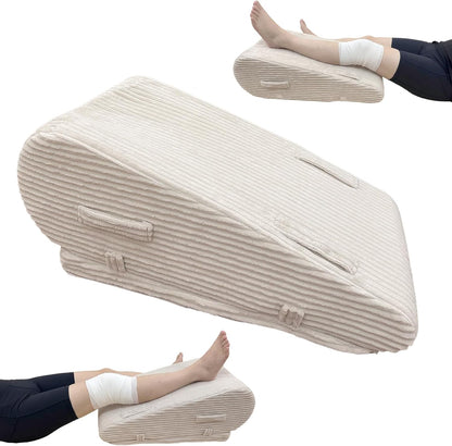 Adjustable Height Leg Elevation Pillow for After Surgery | Leg Wedge Pillow with High-density Foam & Beige Corduroy Cover, Single Knee Elevation Pillow for Swelling Relief & Sleep