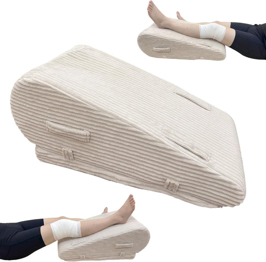 Adjustable Height Leg Elevation Pillow for After Surgery | Leg Wedge Pillow with High-density Foam & Beige Corduroy Cover, Single Knee Elevation Pillow for Swelling Relief & Sleep