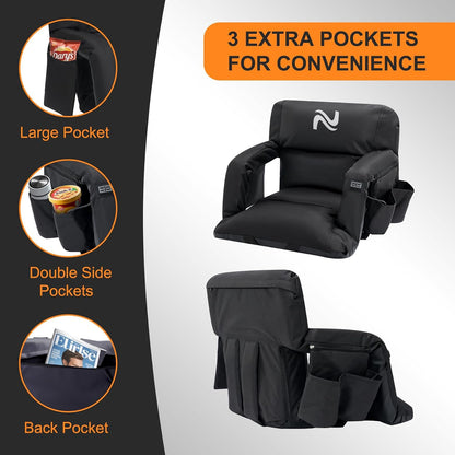 Wide Heated Stadium Seat for Bleachers w/Back Support & Cushion | 5-Position Adjustable Heated Stadium Seat with Armrests, 3 Heat Levels, Anti-Slip, Side Pockets, Backpack Straps (No Battery)