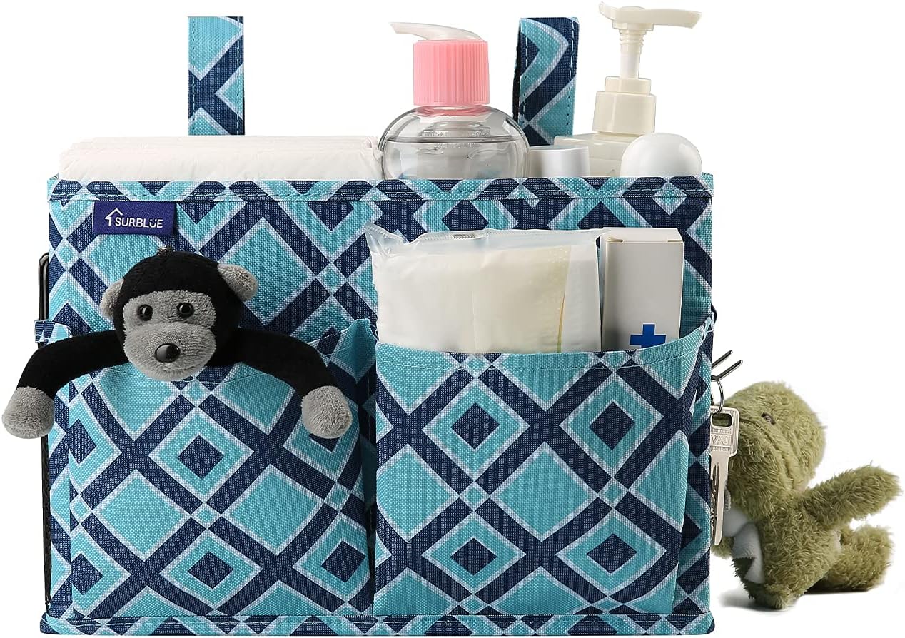 Surblue Bedside Caddy Hanging Organizer Storage Bag Pocket for Bunk, Hospital, College Dorm Rooms, Baby Bed Rails, Camp - 4 Pockets, 2 Hooks (Blue)