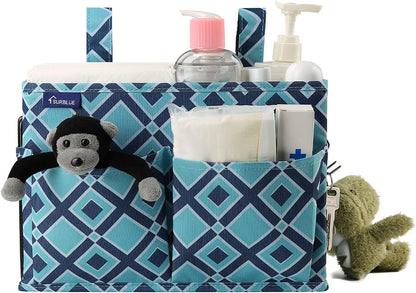 Surblue Bedside Caddy Hanging Organizer Storage Bag Pocket for Bunk, Hospital, College Dorm Rooms, Baby Bed Rails, Camp - 4 Pockets, 2 Hooks (Blue)