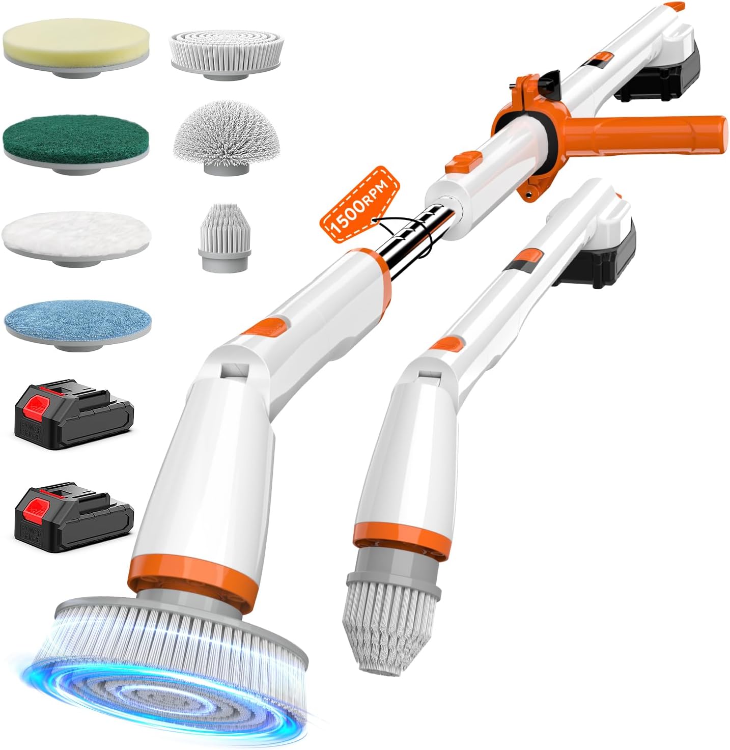 Electric Spin Scrubber,8 Replaceable Brush Heads for Home | IPX7 waterproof power scrubber with LCD display, multi heads, extendable handle, 90min runtime for bathroom kitchen glass car
