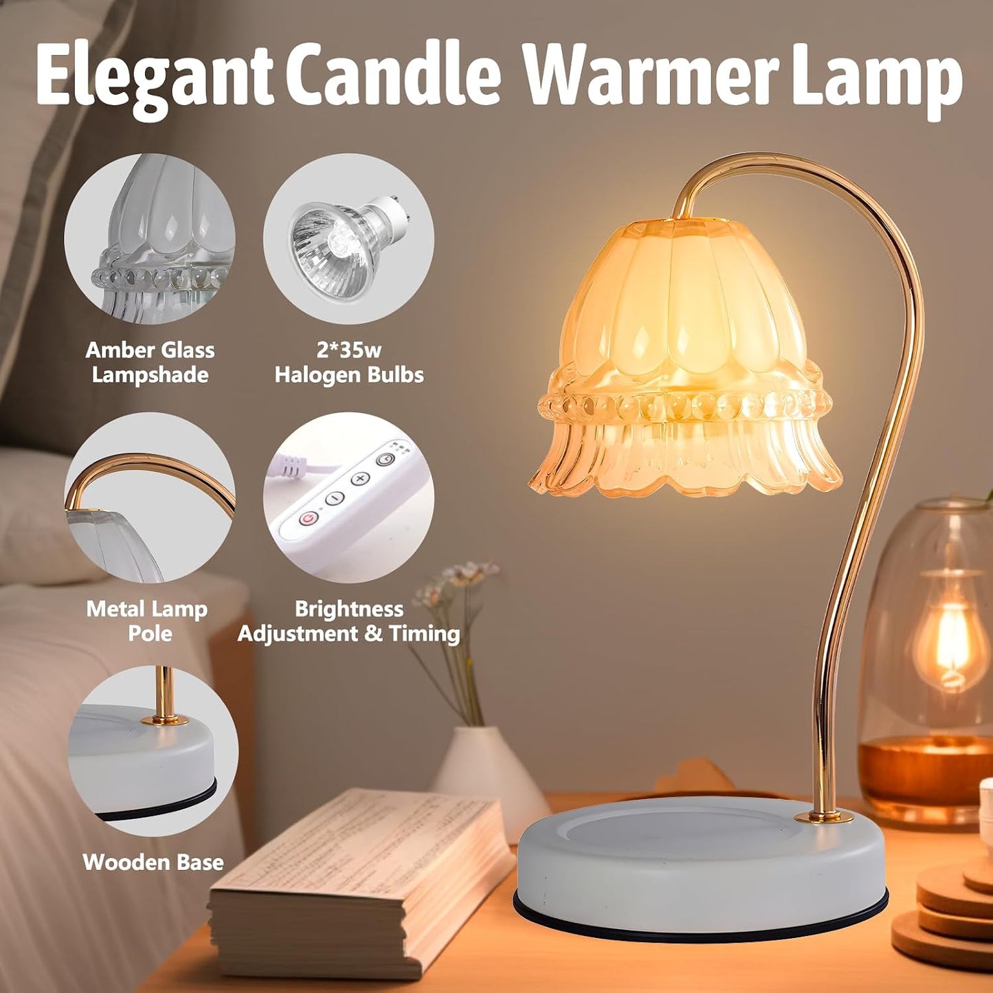 Fragrance Candle Warmer Lamp with 2 Bulbs Electric Candle Warmer with Timer & Dimmer for Home Decor