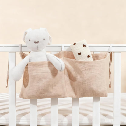 Baby Bedside Hanging Storage Bag Muslin Cotton Teddy Bear, Crib Diaper Caddy Organizer 2 Pockets, Nappy-Dormitory Nursery Organization Holder for Cribs, Playard or Wall Milk Bottle Bib Organizing
