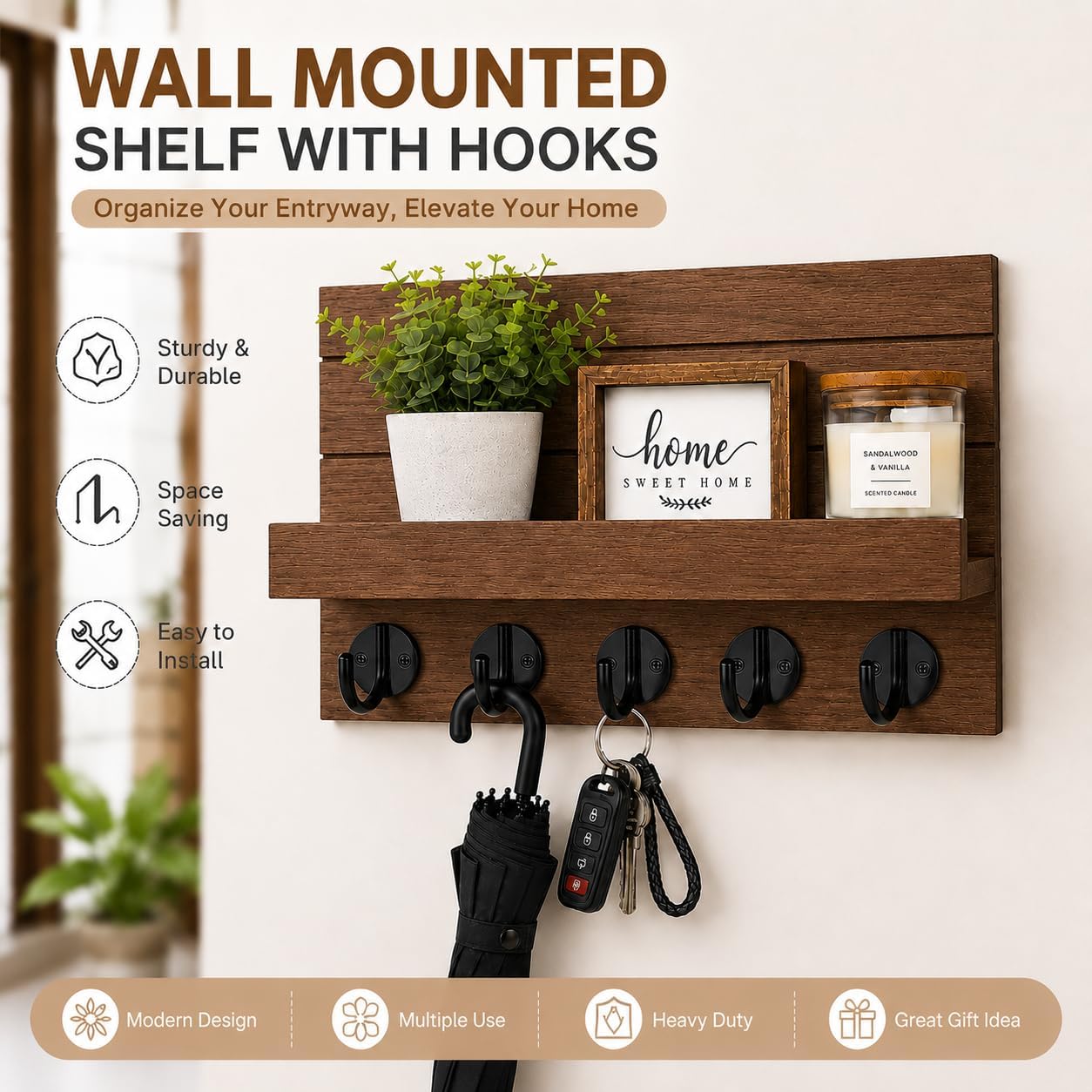 Key Holder for Wall, Decorative Key and Mail Holder, Key Holder Wall Mount with Shelf and Large Hooks, Easy Installation Key Rack for Entryway and Home Decor