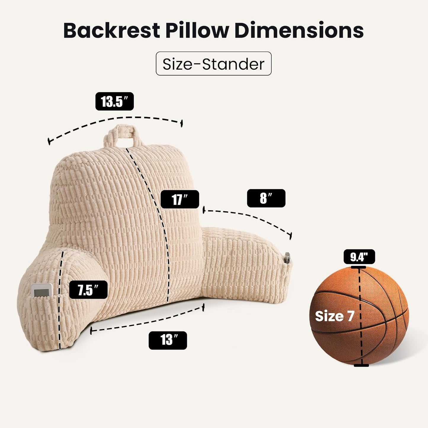Reading Pillow with Arms for Sitting in Bed,Backrest,White Flannel,M | 17" Backrest Supports Back for College Students,Elbows & Forearms for Dorm Reading,Gaming,Watching TV