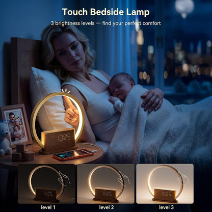 Wood Grain Alarm Clock with Sunrise Lamp & White Noise Sound Machine