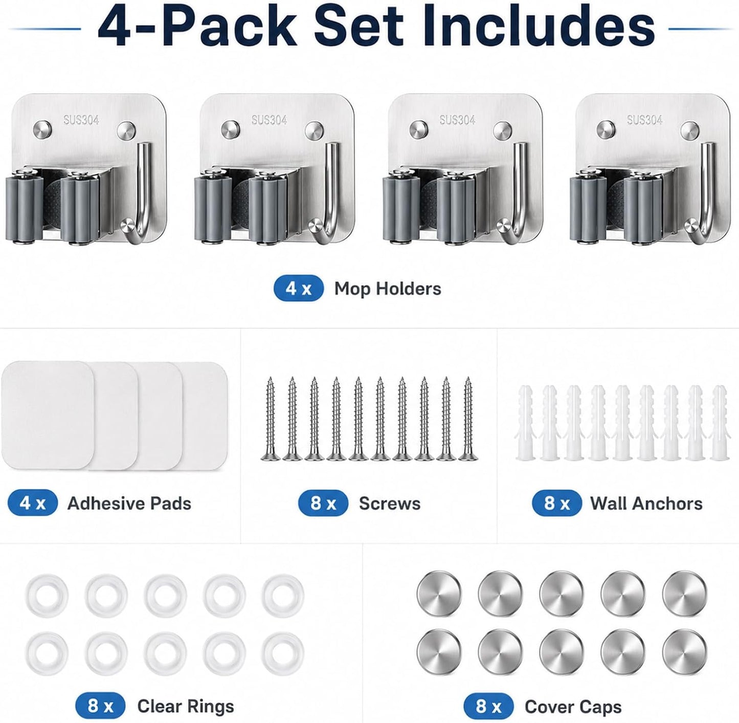 Broom Holder Wall Mount 4 Pack, Heavy Duty Mop and Broom Hanger with Hooks | Innovihue 304 Stainless Steel Broom Hanger, Self Adhesive or Screw Mount Organizer for Kitchen Laundry Garage