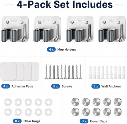 Broom Holder Wall Mount 4 Pack, Heavy Duty Mop and Broom Hanger with Hooks | Innovihue 304 Stainless Steel Broom Hanger, Self Adhesive or Screw Mount Organizer for Kitchen Laundry Garage