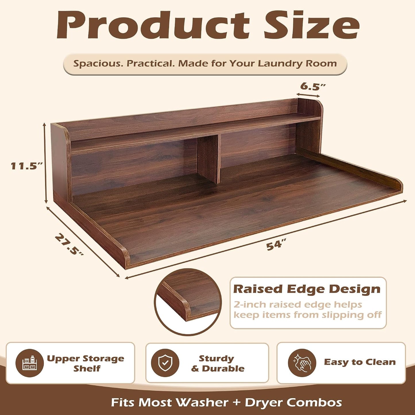Royxen Laundry Countertop with 2-Tier Shelf Universal Fit, Washer and Dryer Countertop with Storage Space, Shelf Height 11.5 Inches, Solid Wood Core, Walnut