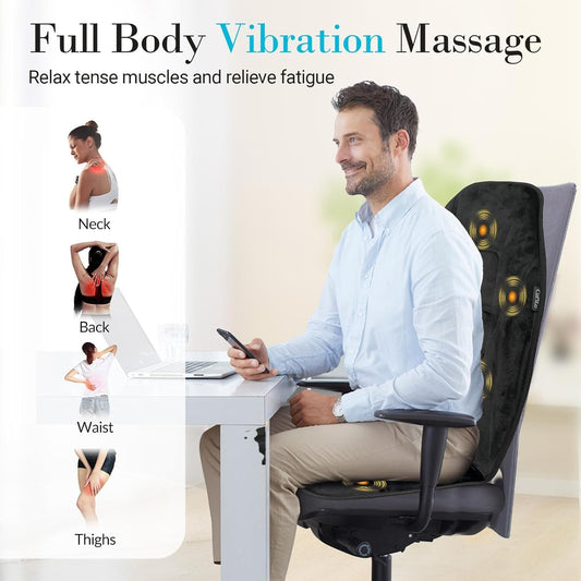 Back Massager with Heat, Massage Chair Pad with 5 Vibrating Modes, 2 Heat Levels Electric Massage Seat Cushion, Massage Pad for Back Pain Relief, Birthday Gifts for Men Husband Him Dad Mom Her