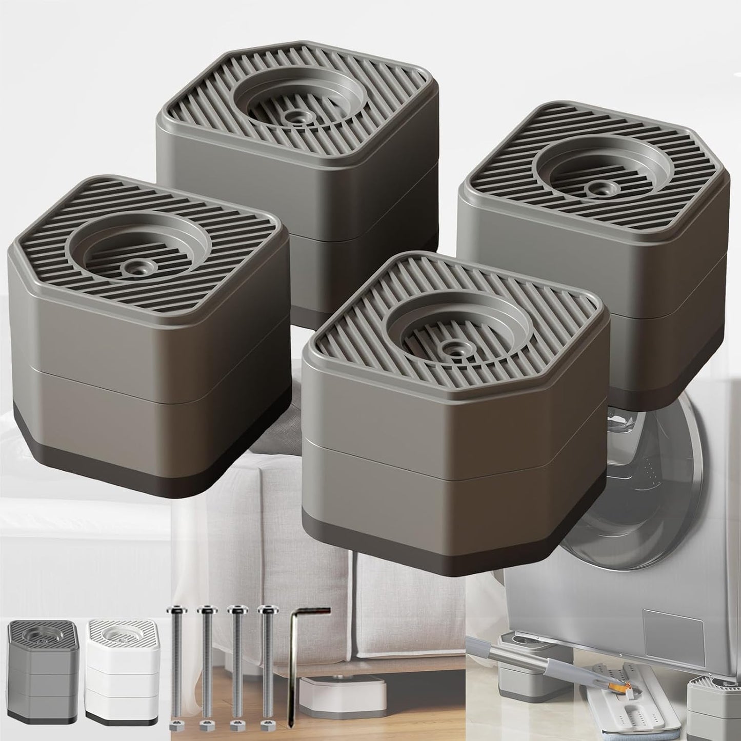 Anti Vibration Pads for Washing Machine, 1.8/3/4 Inch Washer Dryer Height Risers with Non-Slip Rubber Feet, Heavy Duty Anti Vibration Pads for Laundry Appliances(Grey 4 Pack, 3 inch)