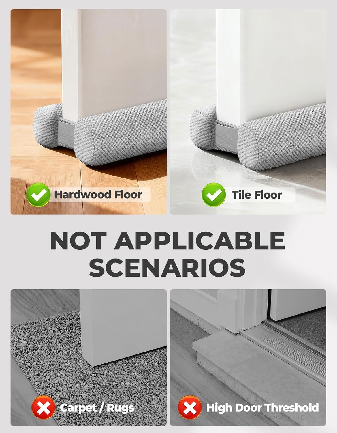 Premium Plush Under Door Draft Stopper Noise Blocker – Blocks Drafts, Dust, Noise & Light, 32-36 Inch Adjustable Door Sweep Gap Filler Bottom Door with Secure Hook & Loop Tabs