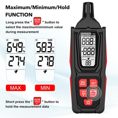 Temperature Humidity Meter, High Precision Thermometer Hygrometer with Ambient, Dew Point, Wet Bulb Thermometer, Dual Display Temperature & Humidity with LCD Backlight, TH10