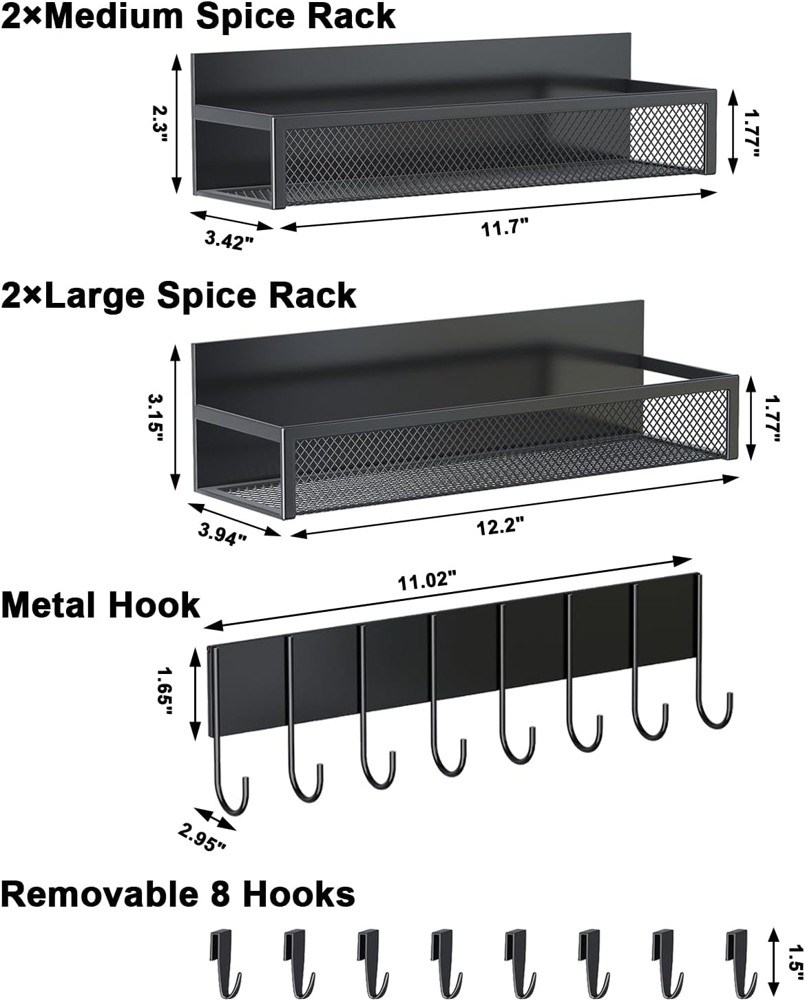 Aufworld Magnetic Spice Rack for Refrigerator, 3 Pack Magnetic Shelf, Moveable Fridge Organizer with 8-Hook Rack, Seasoning Organizer for Kitchen