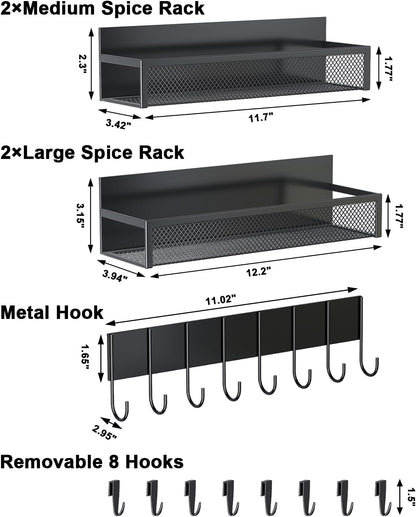 Aufworld Magnetic Spice Rack for Refrigerator, 3 Pack Magnetic Shelf, Moveable Fridge Organizer with 8-Hook Rack, Seasoning Organizer for Kitchen