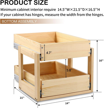 Pull Out Cabinet Organizer 17''W×21''D×16''H Slide Out Drawer | Soft Close Wood Kitchen Pullout Drawers for Cabinets Shelves for Kitchen, 2-Tier, Finished, Heavy-Duty, Bottom Assembly