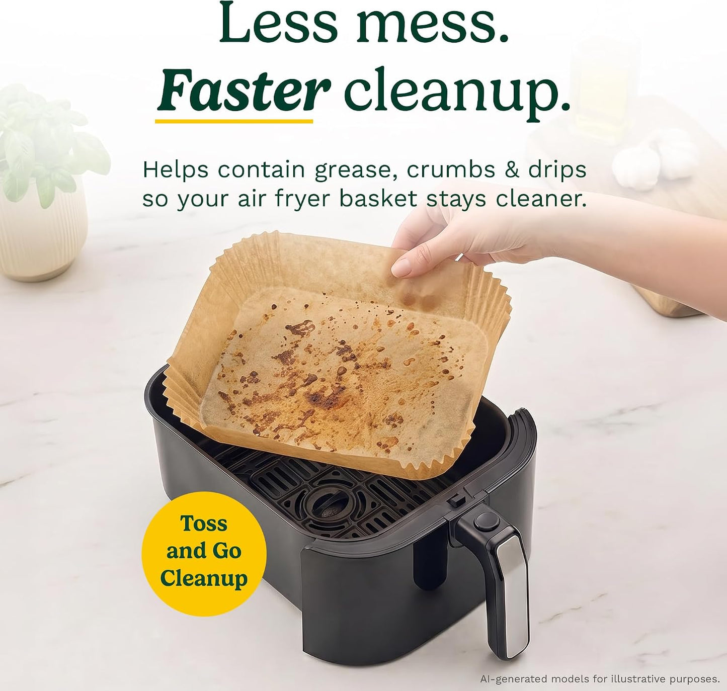 Cuisinart Air Fryer Liners Disposable, 150 Pack, 7.75" Square | Food-grade unbleached silicone-coated parchment for air fryer basket, non-stick to 428F, traps grease, oven & microwave safe