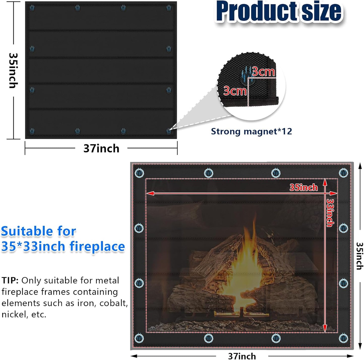Magnetic Fireplace Cover 39"x32" Fireplace Draft Stopper Blocker Indoor | Fire Place Cover with Built-in 12 Strong Magnet for Iron Fireplace Frame Fireplace Screen