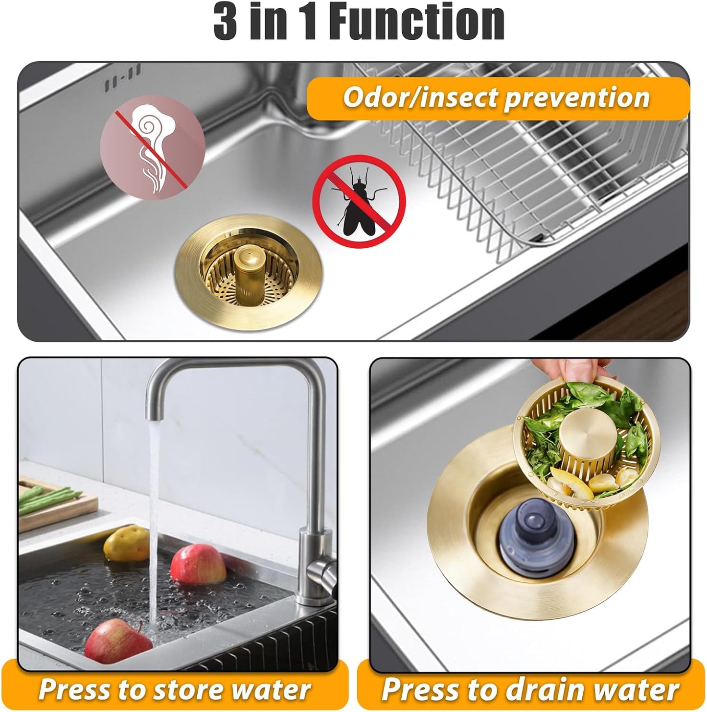 Anlige Kitchen Sink Drain Strainer, 3 in 1 Pop Up Kitchen Sink Stopper, with An Extra Basket Strainer, Universal for US Standard 3-1/2 Inch, Chrome Silver