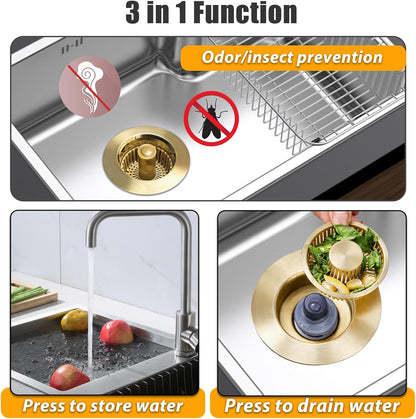 Anlige Kitchen Sink Drain Strainer, 3 in 1 Pop Up Kitchen Sink Stopper, with An Extra Basket Strainer, Universal for US Standard 3-1/2 Inch, Chrome Silver
