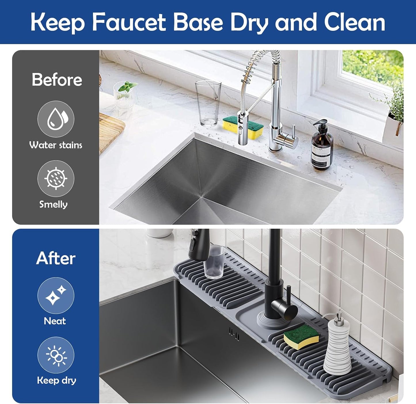24"Longer Silicone Faucet Mat For Kitchen Sink Splash Guard Gray, 24"x5.5" | 7° Slope Snap Lock- Sink Faucet Mat Splash Guard Kitchen Sink Area Silicone Sink Water Splash Guard Behind Faucet
