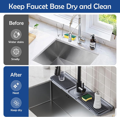 24"Longer Silicone Faucet Mat For Kitchen Sink Splash Guard Gray, 24"x5.5" | 7° Slope Snap Lock- Sink Faucet Mat Splash Guard Kitchen Sink Area Silicone Sink Water Splash Guard Behind Faucet