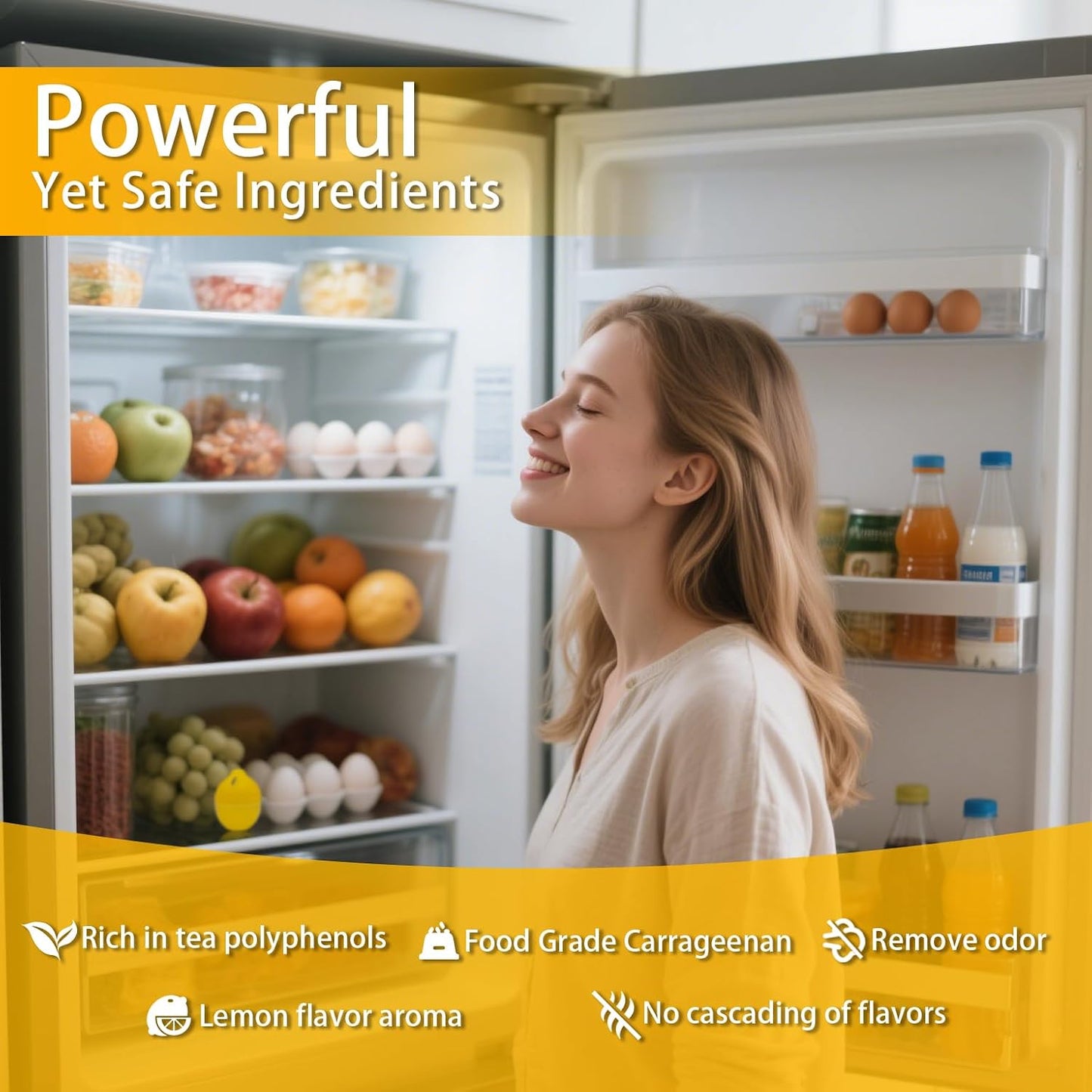 Refrigerator Deodorizer, More Effective Than Baking Soda(4Pcs/Lemon Flavor) | Removes stubborn fridge odors, food-grade raw materials with natural tea polyphenol extracts, 60–90 day lifespan