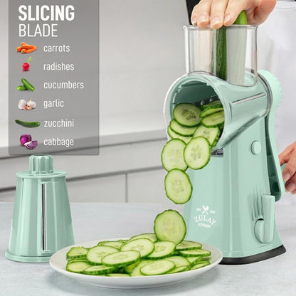 Zulay Kitchen Rotary Cheese Grater 5 Blade Cheese Shredder - Manual Hand Crank Cheese Grater With Reinforced Suction & 5 Interchangeable Drums - Easy to Use, Vegetable Chopper Round Mandoline Slicer - Colors A