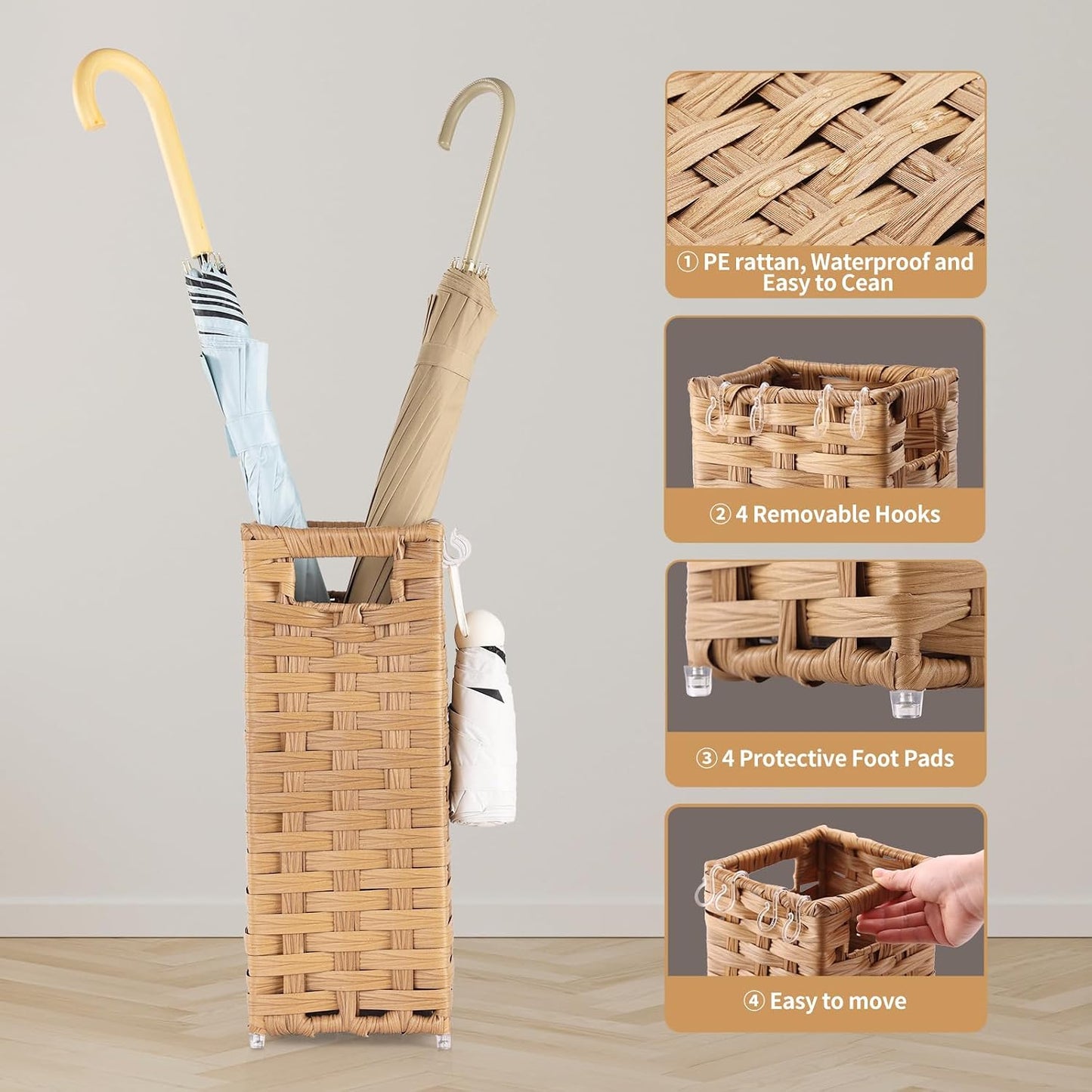 Rattan Umbrella Stand, Umbrella Holder for Entryway, Hand Woven Umbrella Rack Organizer Freestanding, with a Detachable Drip Tray, 4 Hooks, 11.8" L x 5.5" W x 16.5" H, Natural