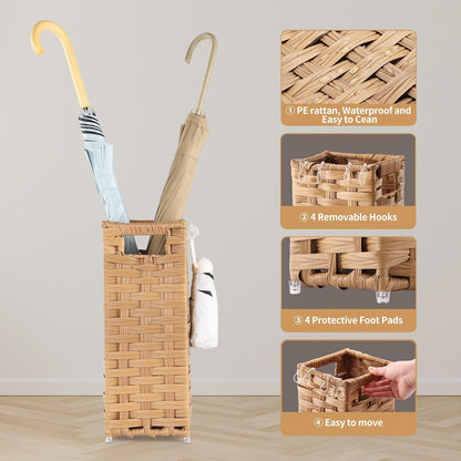 Rattan Umbrella Stand, Umbrella Holder for Entryway, Hand Woven Umbrella Rack Organizer Freestanding, with a Detachable Drip Tray, 4 Hooks, 11.8" L x 5.5" W x 16.5" H, Natural