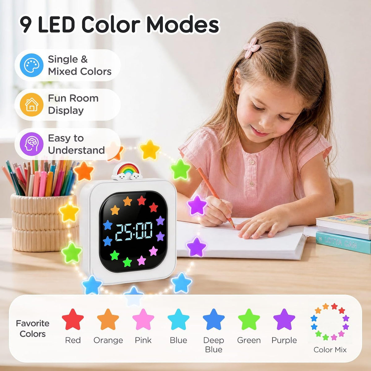 Digital Visual Timer for Kids, Rechargeable 99-Minute Countdown with 12-Star Rainbow LED Display, 9 Color Modes, Silent Mode & Pause, Timer for Classroom, Home & Kitchen