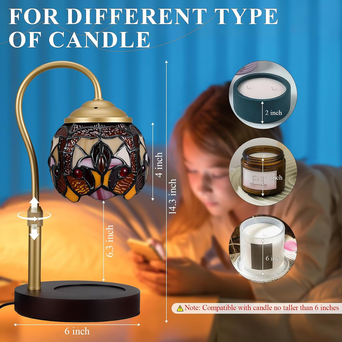 Candle Warmer Lamp - Electric Candle Lamps Timer Dimmer, Sunflower Tiffany Style Stained Glass Candle Warming Lamp Compatible with Jar Candles Valentine Birthday Gifts for Mom Friend Wax Melt Warmer