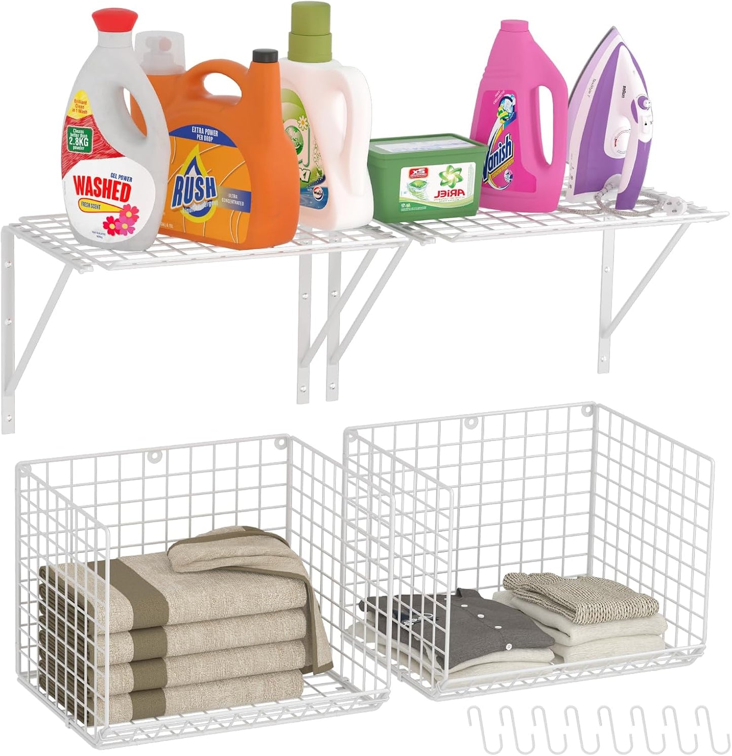 3IngSeagulls 2 Pack Laundry Room Shelves, Wire Baskets with 8 Hooks, Over Washer and Dryer Shelf, Wall Mounted Storage and Clothes Drying Rack, Black