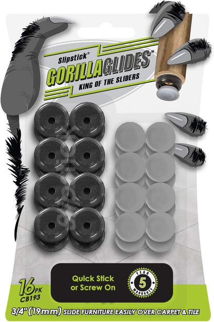 GorillaGlides 1 Inch Chair Sliders/Furniture Floor Protectors (16 Furniture Glides) Self-Adhesive Screw On Chair Glides for Sliding on Low-Pile Carpet & Hard Surface Floors, Round