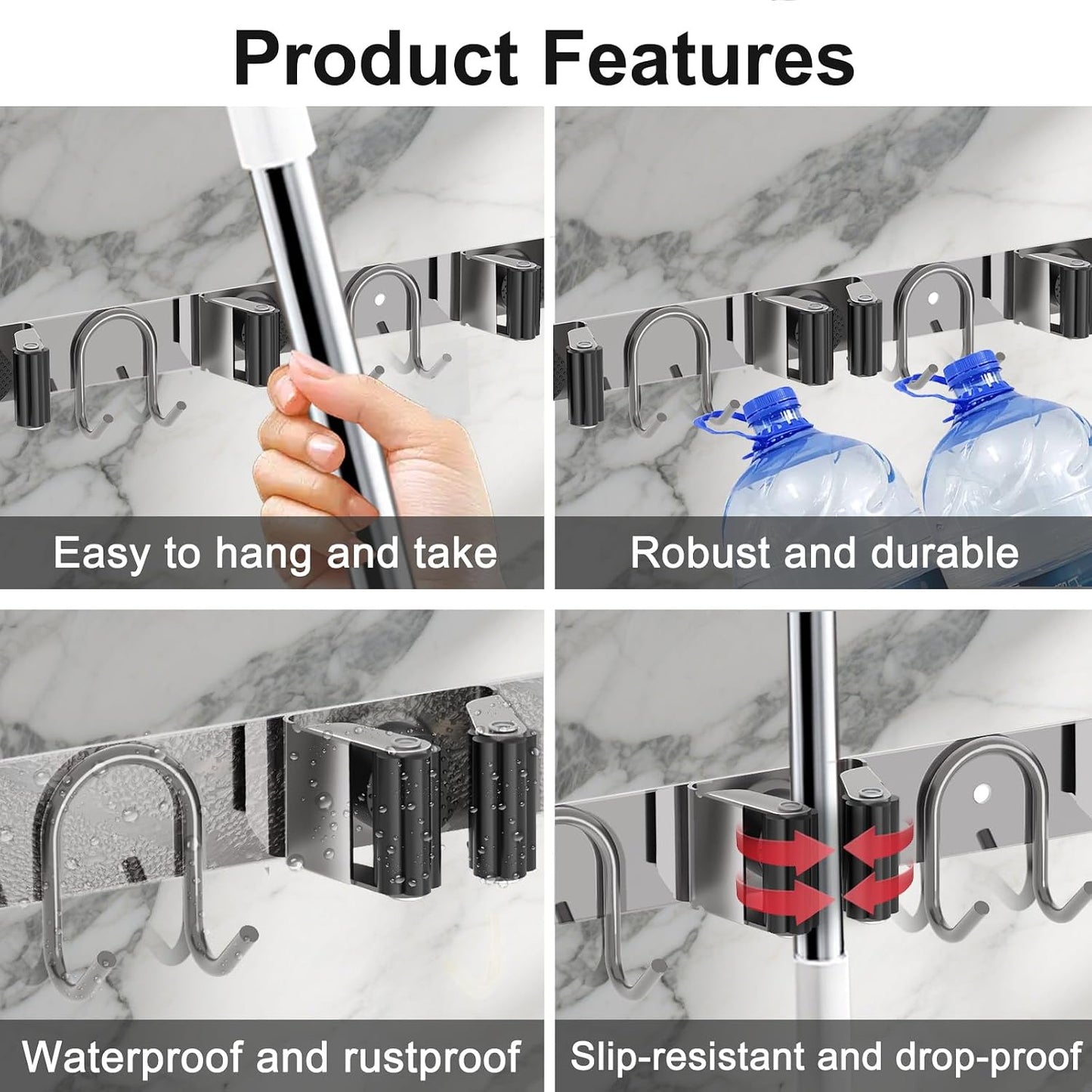 Mop Broom Holder Wall Mount, Gold Stainless Steel Tool Storage Organizer for Kitchen Garden Garage Laundry Room Bathroom and RV with 4 Slots 6 Hooks